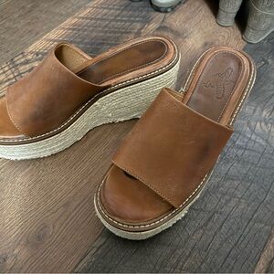 Brown Leather Platform Slide Sandals